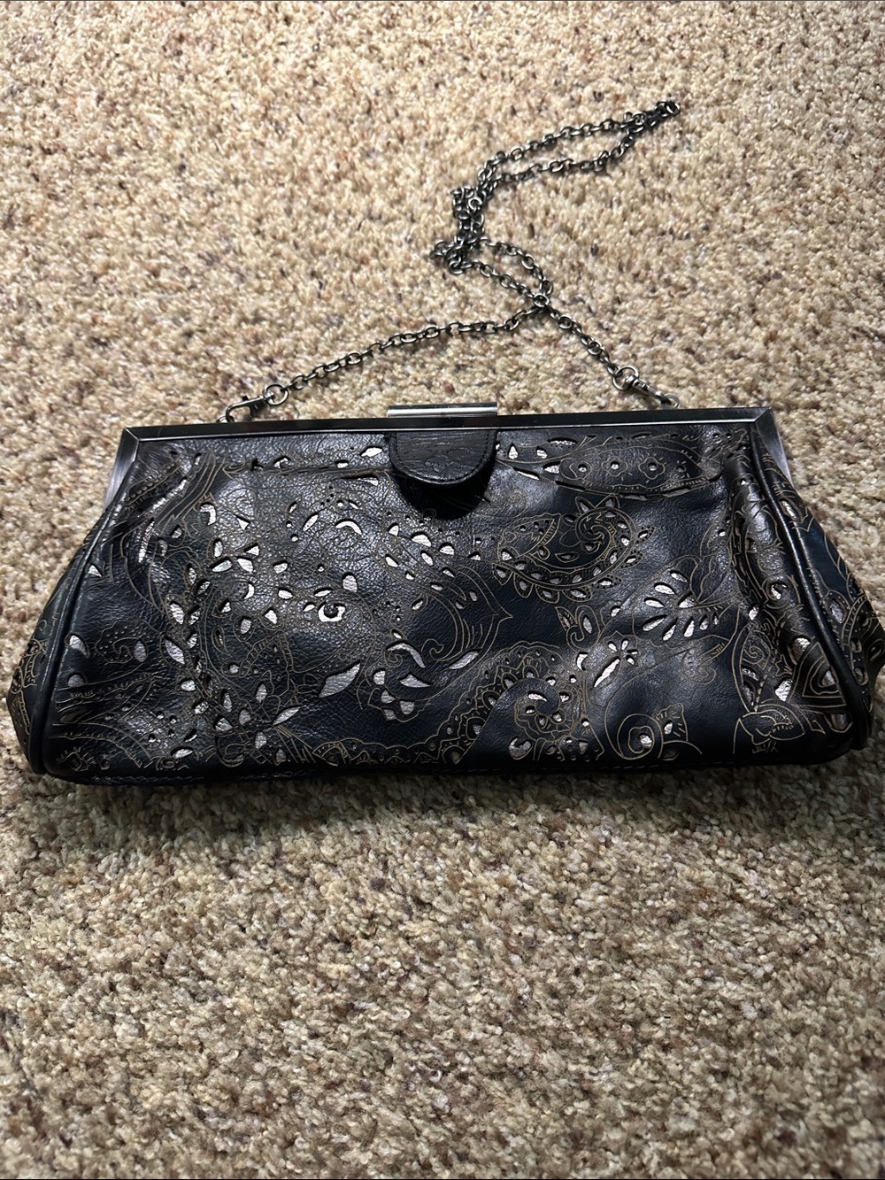 Patricia Nash Black Embossed Floral Chain Clutch
